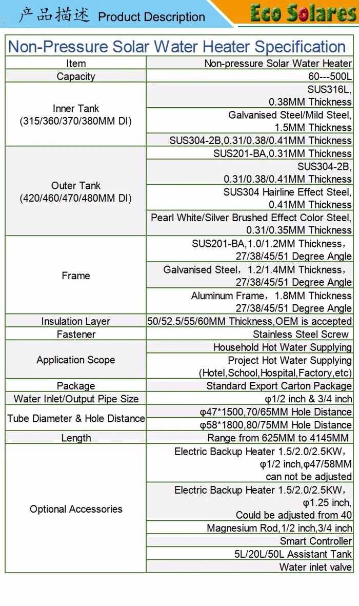 Long Warranty Roof Heaters Stainless Steel Compact Pressurized Non Pressure Heat Pipe Solar Energy Water Heater Solar Collector Vacuum Tubes